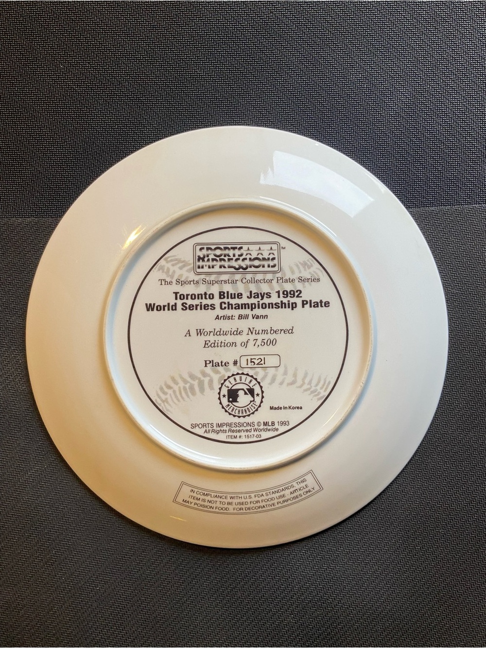 1992 Toronto Blue Jays World Series Plate - Picture 4 of 5